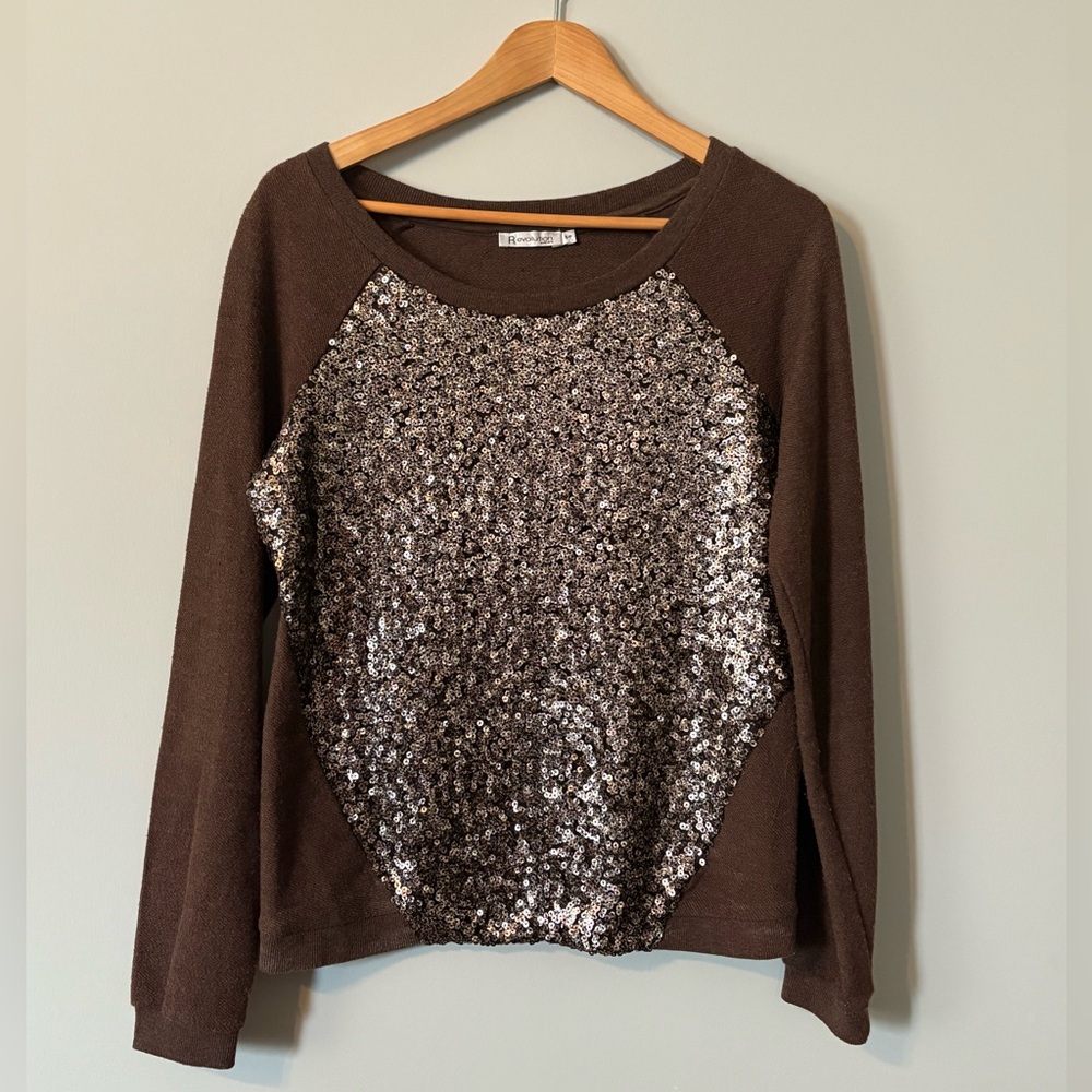 Brown casual shirt with sequin panel front.